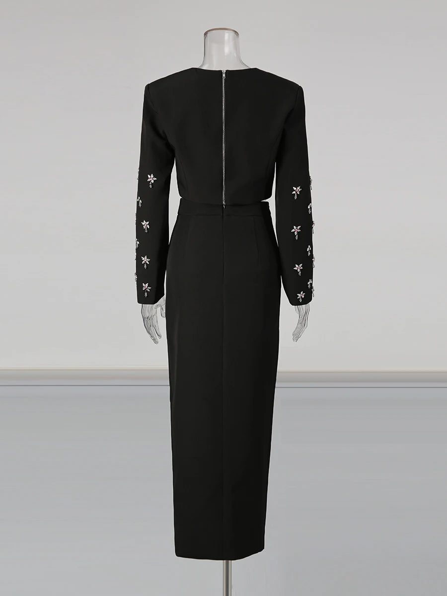 Solid Spliced Bead Lusurious Two Piece Sets for Women O Neck Long Sleeves Top High Waist Split Skirt Set Female New