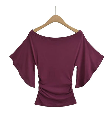 Korean style Women Summer Sexy Bat Sleeve Slash Neck Off Shoulder T-shirt Cinching Waist Solid Slim Top