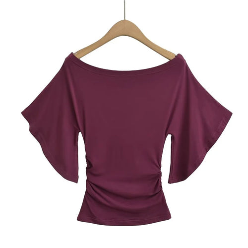 Load image into Gallery viewer, Korean style Women Summer Sexy Bat Sleeve Slash Neck Off Shoulder T-shirt Cinching Waist Solid Slim Top
