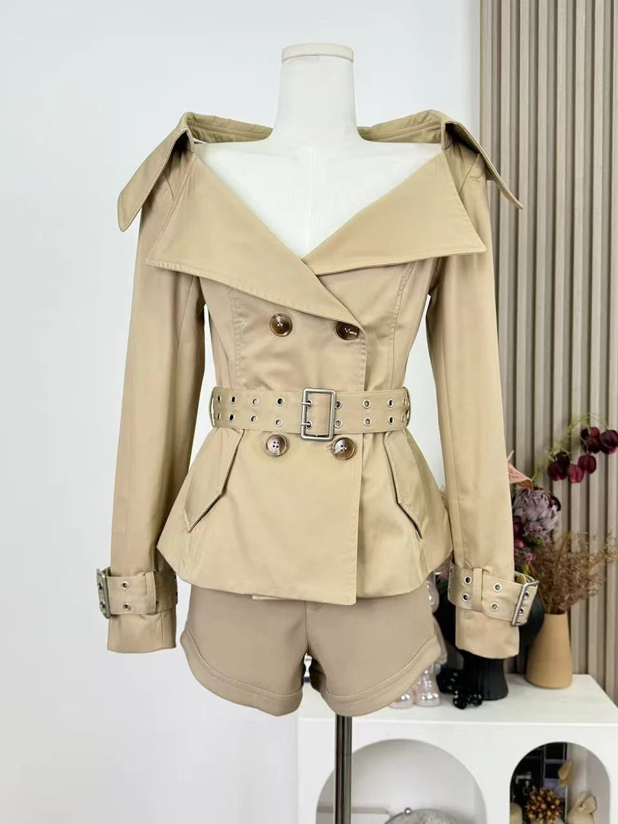 Slimming Spliced Lace Up Elegant Jackets for Women V Neck Long Sleeves Patchwork Double Breasted Jacket Female New
