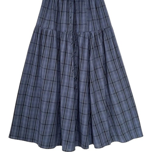 Load image into Gallery viewer, High Elastic Waist Blue Plaid Vintage Long A-line Half-body Skirt Women Fashion Tide New Spring Autumn 2025   1DJ0935
