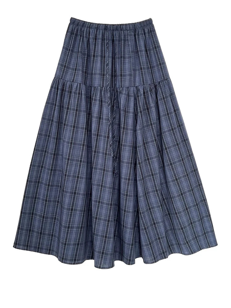 High Elastic Waist Blue Plaid Vintage Long A-line Half-body Skirt Women Fashion Tide New Spring Autumn 2025   1DJ0935