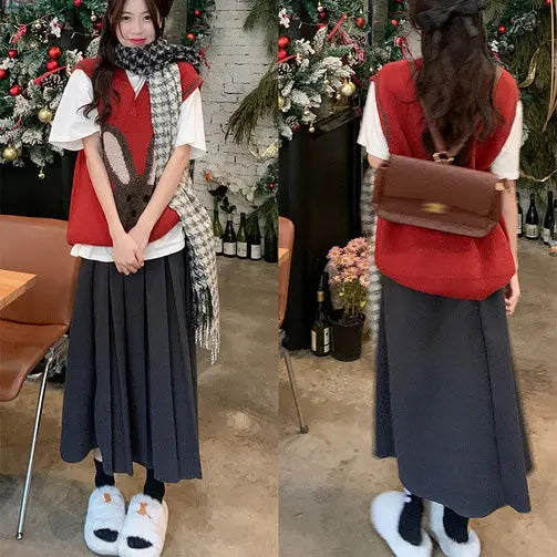 French Vintage Elegant Black Festival Woolen Long Skirt Women Autumn Winter Grey High Waist Ladies Pleated A-line Half Skirt New