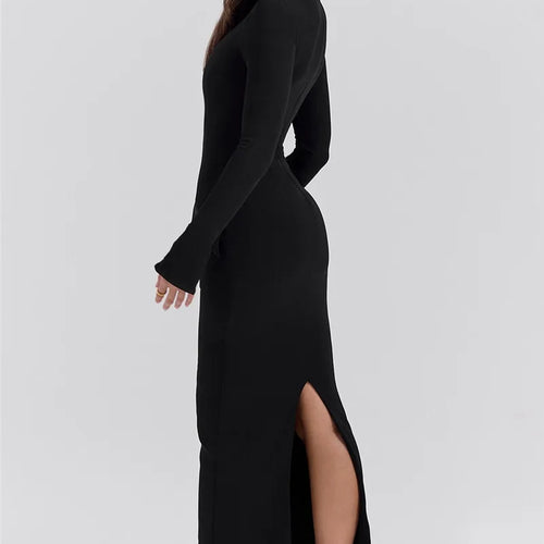 Load image into Gallery viewer, Black Long Sleeve Sexy Maxi Dress For Women Autumn Winter New O Neck Two Pocket Back Split Bodycon Long Dress Elegant
