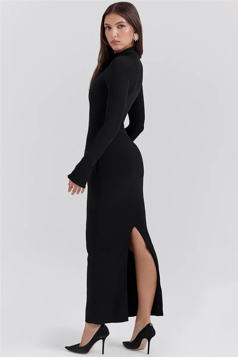Black Long Sleeve Sexy Maxi Dress For Women Autumn Winter New O Neck Two Pocket Back Split Bodycon Long Dress Elegant
