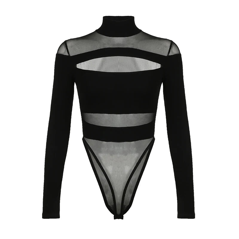 Fashion Elegant Skinny Mesh Bodysuit Female One Piece Clubwear Party Bodies Cut Out Transparent Rompers Black Catsuit