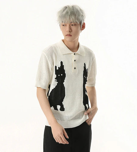 Contrast Color Men's Tees Cartoon Design Niche Turn-down Collar Knitting Tops Short Sleeve Casual Male T-shirts Tide 9W1255