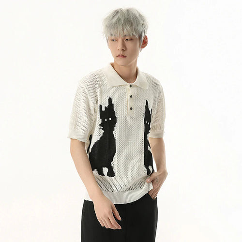 Load image into Gallery viewer, Contrast Color Men's Tees Cartoon Design Niche Turn-down Collar Knitting Tops Short Sleeve Casual Male T-shirts Tide 9W1255
