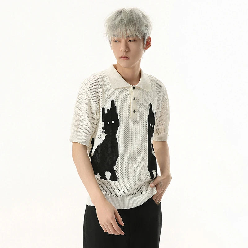 Contrast Color Men's Tees Cartoon Design Niche Turn-down Collar Knitting Tops Short Sleeve Casual Male T-shirts Tide 9W1255