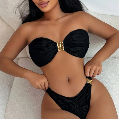 Load image into Gallery viewer, Off Shoulder Swimwear Bandeau Metal Rings Bikini Sets 2024 Sexy Women Swimsuit Brazilian Biquini Bathing Suit
