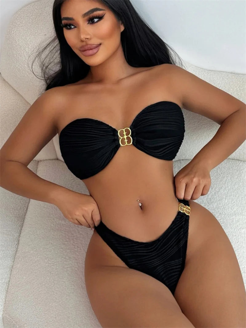 Off Shoulder Swimwear Bandeau Metal Rings Bikini Sets 2024 Sexy Women Swimsuit Brazilian Biquini Bathing Suit