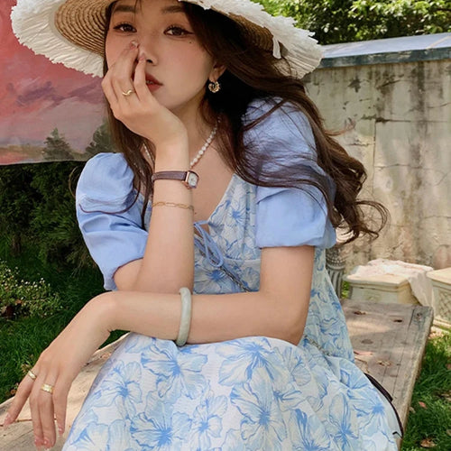 Load image into Gallery viewer, Summer Printed Chiffon Women&#39;s Dresses Elegant Pile Up Sleeves Lace-up Female Dress Casual High Waist Vacation Dresses
