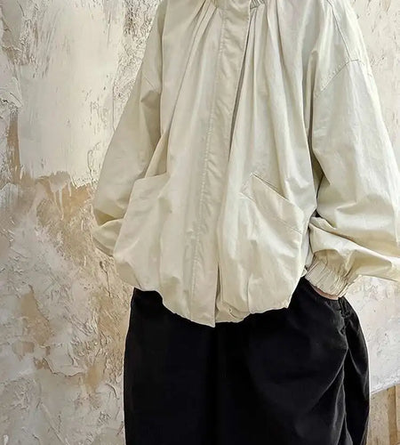 Apricot Pleated Big Size Elegant Jacket New Stand Collar Long Sleeve Women Coat Fashion Tide Spring Autumn 2025 1DH6940