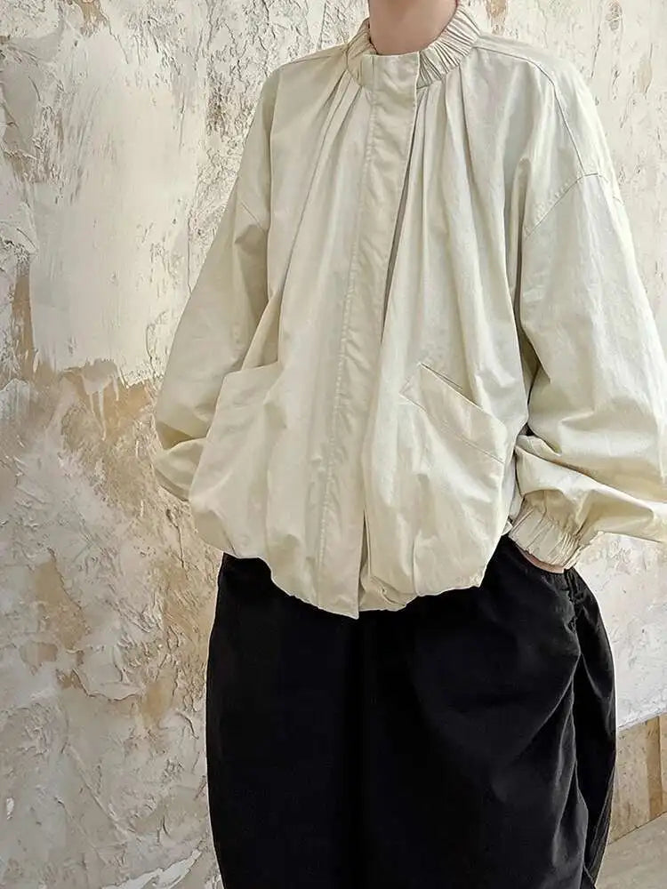 Apricot Pleated Big Size Elegant Jacket New Stand Collar Long Sleeve Women Coat Fashion Tide Spring Autumn 2025 1DH6940