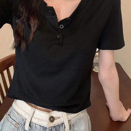 Load image into Gallery viewer, women t-shirt open button short Sleeve Crop Top Ladies Clothing 2024 Solid Basic T Shirt Casual Skinny White Slim Female Tops
