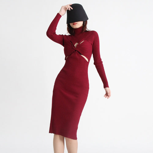 Load image into Gallery viewer, Hollow Out Solid Dresses For Women Half High Collar Long Sleeve High Waist Elegant Dress Female Fashion Summer
