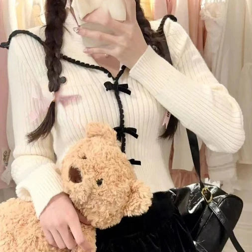Sweet Y2k Aesthetic Sailor Collar Women's Cardigans Harajuku Slim Fit Patchwork Coats 2025 Autumn Fairy Grunge Bow Crop Tops