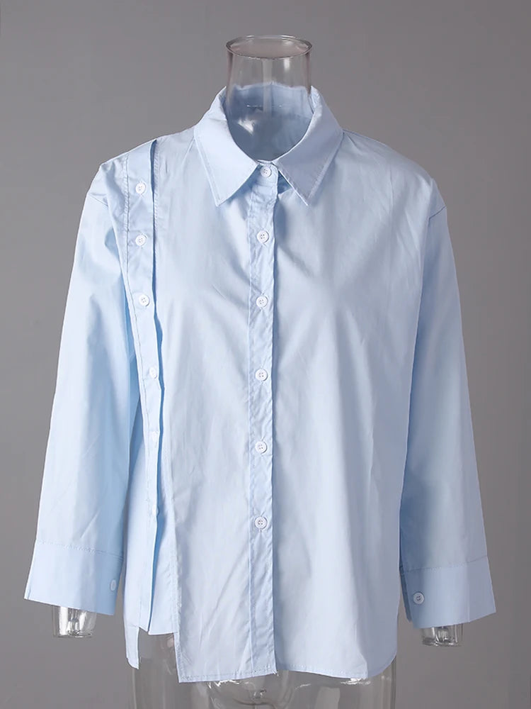 Women Blue Button Irregular Slit Big Size Blouse New Lapel Long Sleeve Shirt Fashion Tide Spring Autumn 2025  CPG3190