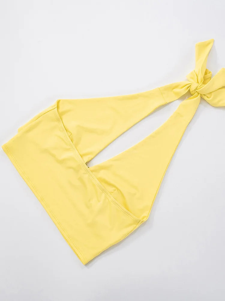 Yellow Sexy Skirt Two Piece Sets Women Halter Lace-up Crop Tops And Maxi Skirt Female Elegant Club 2 Piece Sets Dress