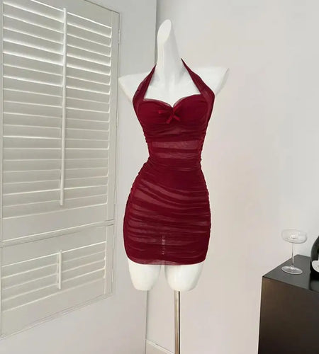 Korean Women Red Bow Backless Slim Pleated Halter Short Dress Summer Sexy Club Elegant Sleeveless Party Dress Simplicity Popular