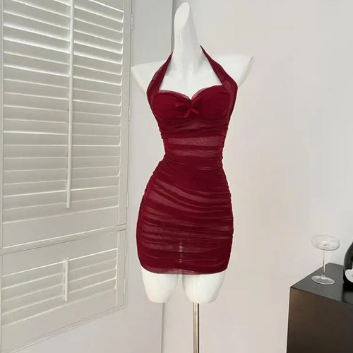 Load image into Gallery viewer, Korean Women Red Bow Backless Slim Pleated Halter Short Dress Summer Sexy Club Elegant Sleeveless Party Dress Simplicity Popular

