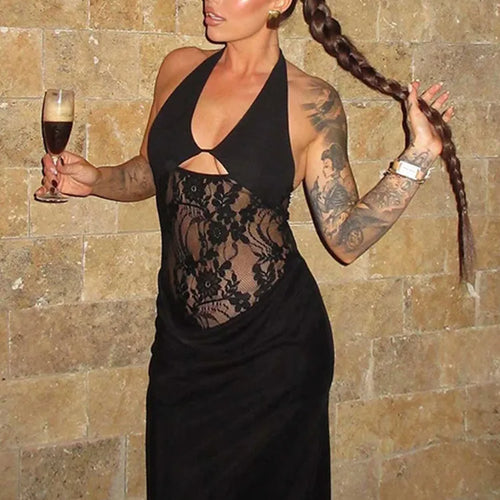 Load image into Gallery viewer, Sheer Lace Hollow Out Sexy Maxi Dress For Women Gown Halter Deep V Neck Sleeveless Backless Bodycon Long Dress
