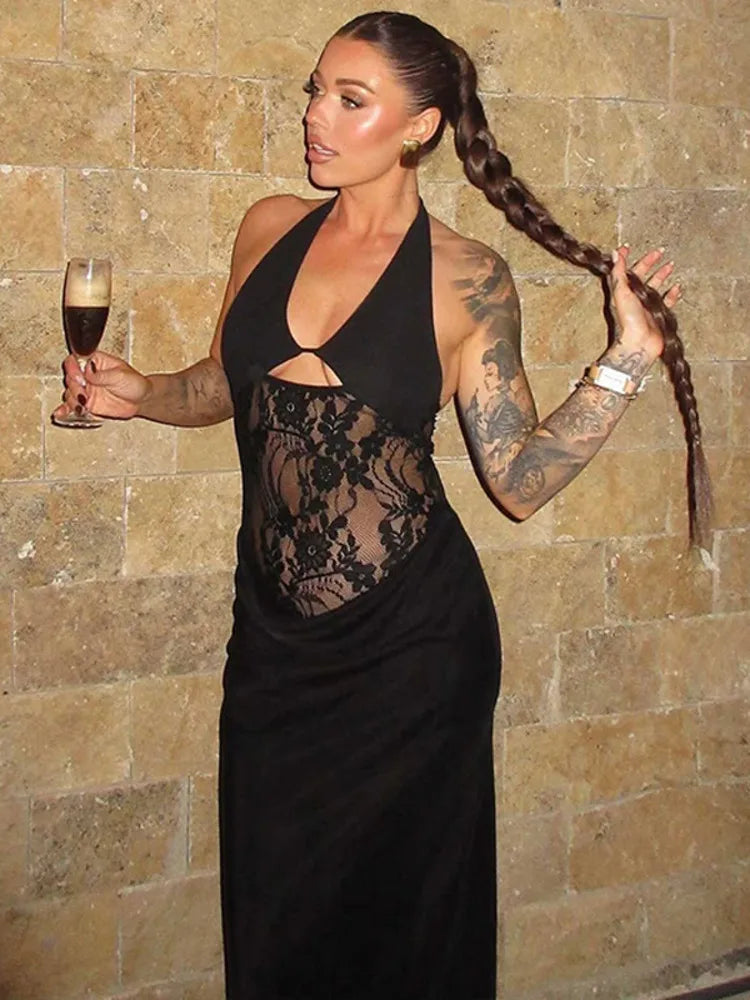 Sheer Lace Hollow Out Sexy Maxi Dress For Women Gown Halter Deep V Neck Sleeveless Backless Bodycon Long Dress