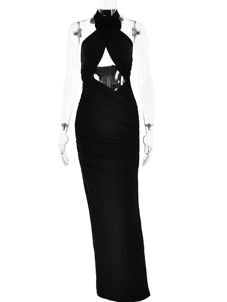 Sexy 3D Flower Hollow Out Backless Women's Dress Zipper Female Sleeveless Bodycon Maxi Dress Party Club Evening Dress