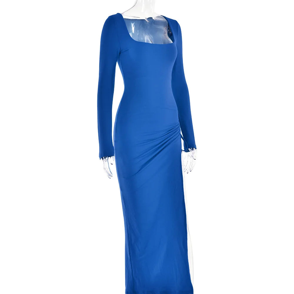 Long Sleeve Ruched High Split Maxi Dress Women Square Collar Drawstring Bodycon Sexy Party Long Dress Elegant Autumn