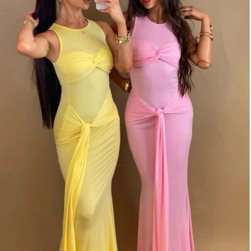 Load image into Gallery viewer, Elegant Mesh Patchwork Lace Up Dress For Women Bodycon Perspective Maxi Female Vestidos Party Club Evening Dress 2024
