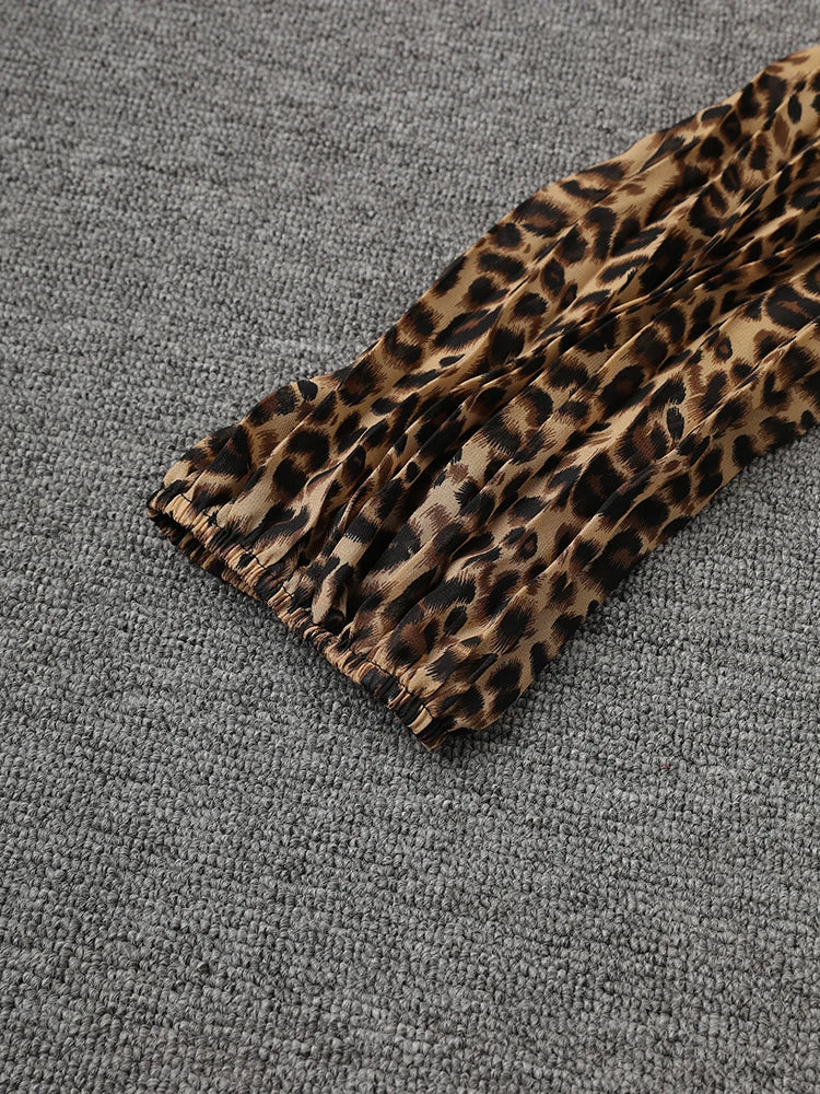 Women Brown Leopard Printed Rhinestones Long Dress New Round Neck Long Sleeve Fashion Tide Spring Autumn 2025 3WM2692