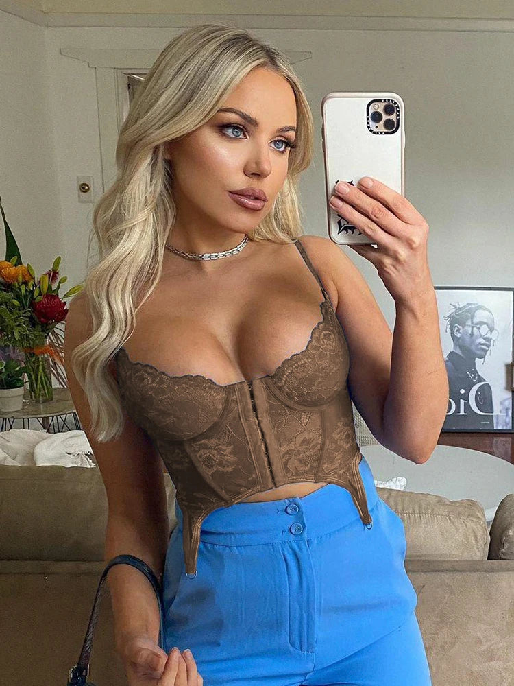 Y2K Fashion Strap Skinny Blue Corset Lace Top Female Backless Bandage Sexy Crop Tops Camis Transparent Hook Bralette