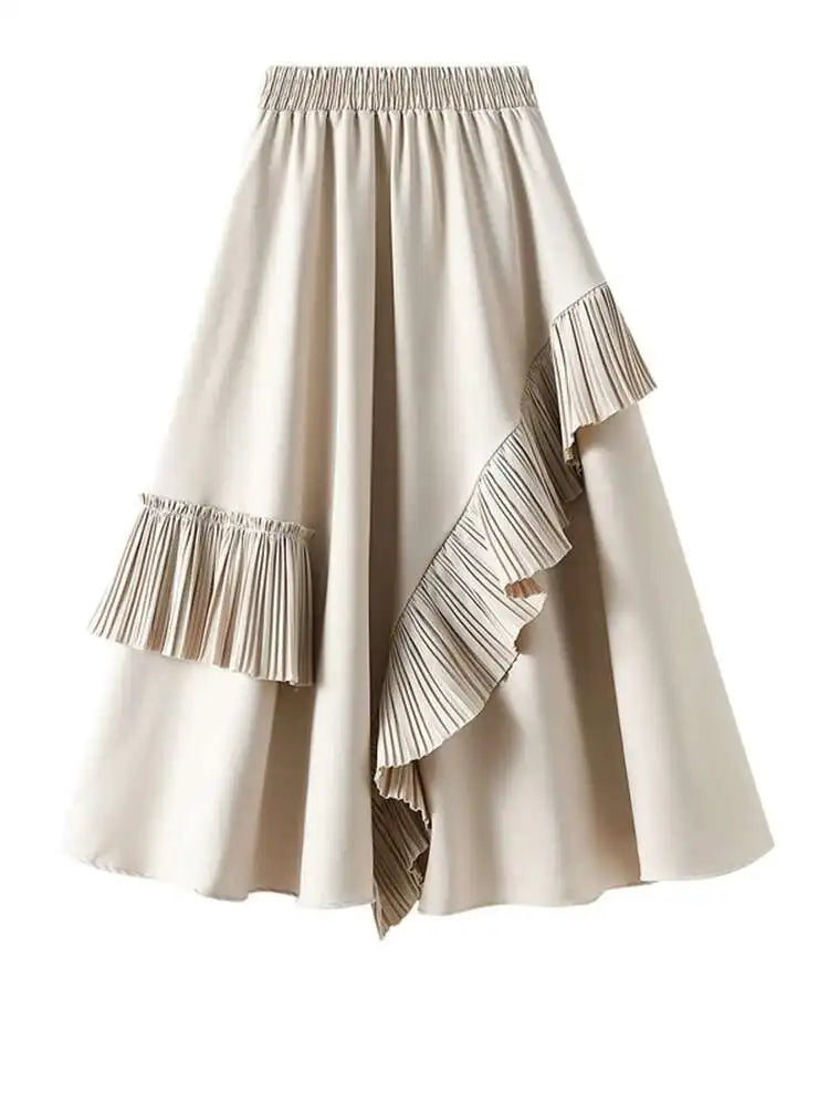 High Elastic Waist Coffee Pleated Ruffles Elegant Half-body Skirt Women Fashion Tide New Spring Autumn 2025  1DJ0431