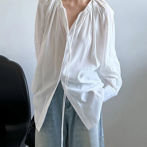 Load image into Gallery viewer, Women White Drawstring Thin Big Size Blouse New Round Neck Long Sleeve Shirt Fashion Tide Spring Autumn 2025 1DJ1398
