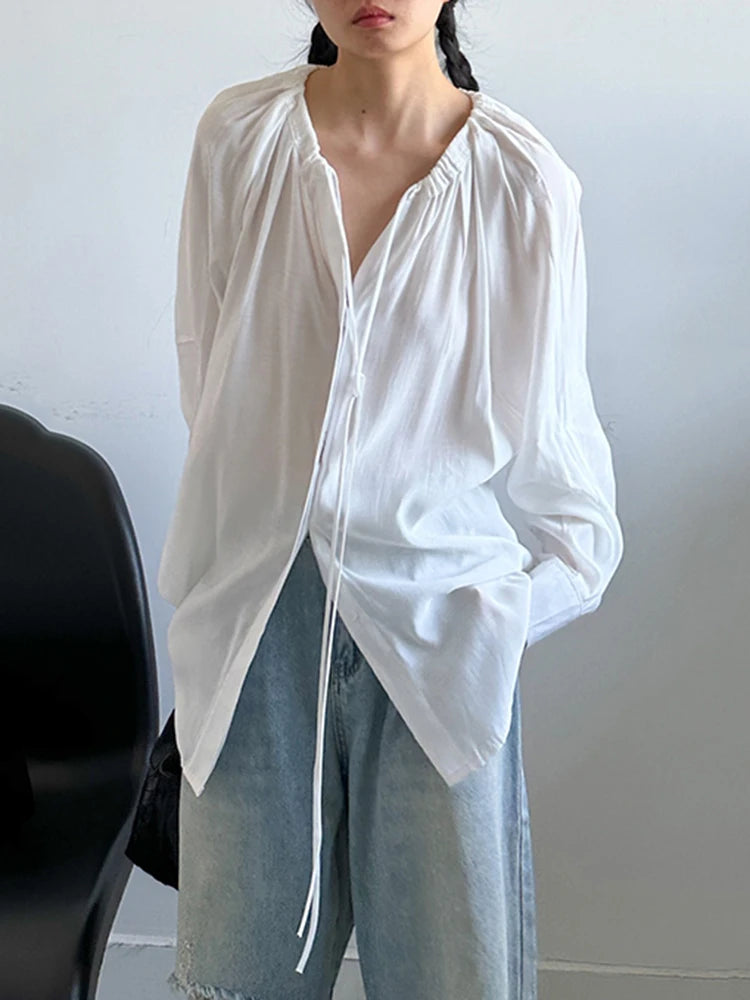 Women White Drawstring Thin Big Size Blouse New Round Neck Long Sleeve Shirt Fashion Tide Spring Autumn 2025 1DJ1398
