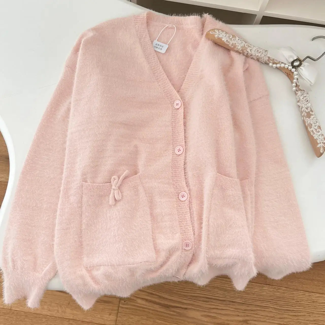 French Sweet Retro Women Pink Single Breasted Cardigan Sweater Autumn Winter Fashion V Neck Long Sleeved Knit Tops Casual Trendy
