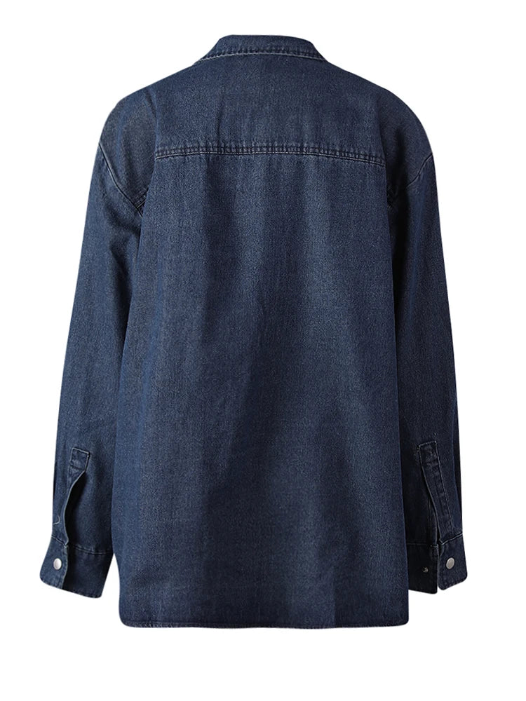 Blue Pockets Denim Big Size Casual Jacket New Lapel Long Sleeve Women Coat Fashion Tide Spring Autumn 2025 12C2135