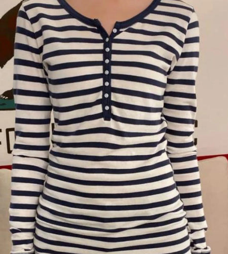 y2k Henley Tops Women Aesthetic Clothing Striped Buttons Round Neck Long Sleeve T Shirts 2000s Clothes Streetwear