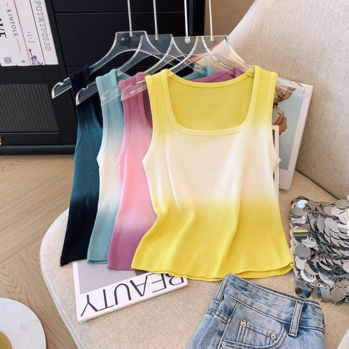 Load image into Gallery viewer, Korean Vintage Elegant Square-neck Gradient Knit Vest Summer Casual Sleeveless Short Tank Tops Women's Holiday Clothing Vestidos
