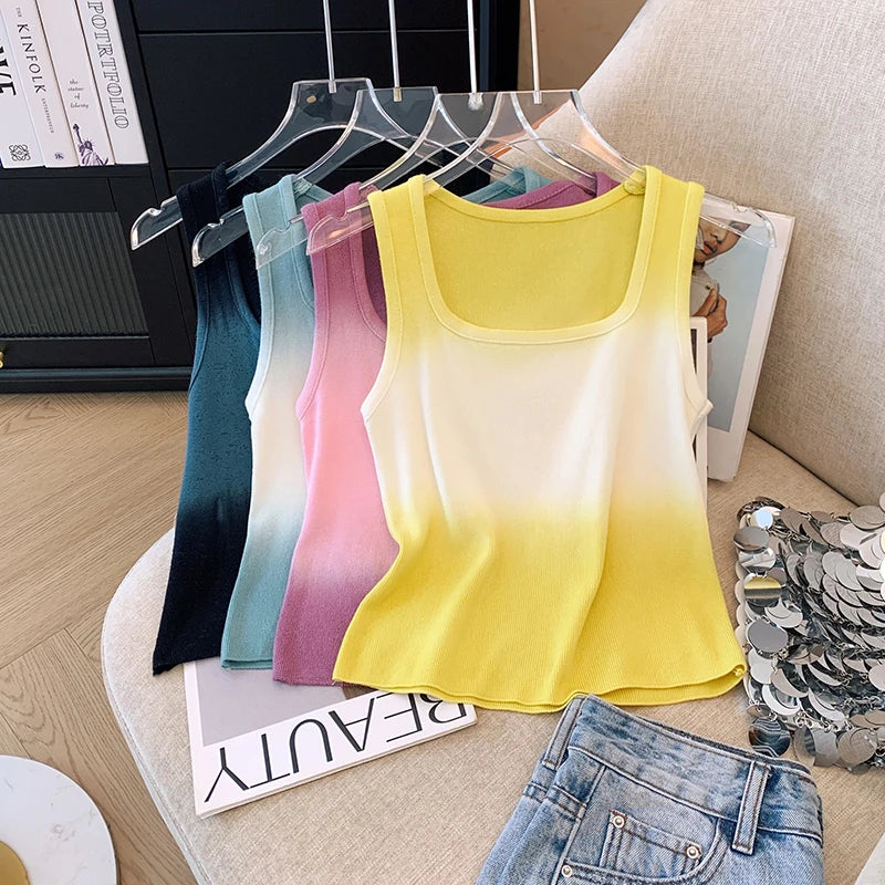 Korean Vintage Elegant Square-neck Gradient Knit Vest Summer Casual Sleeveless Short Tank Tops Women's Holiday Clothing Vestidos