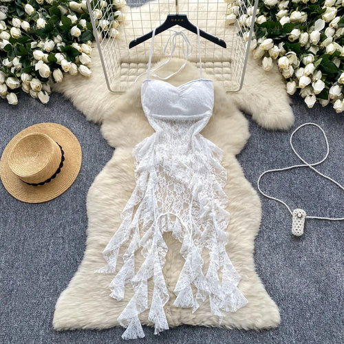 Load image into Gallery viewer, Retro Black White Elegant Ruffles Halter Lace-up Irregular Lace Long Dress Women Summer New Beige Sleeveless Evening Party Dress
