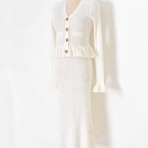 Load image into Gallery viewer, French Autumn 2024 New Women Black White Blue Single Breasted Knitted Dress Elegant Slim Office V-neck Ruffles Long Sleeve Dress
