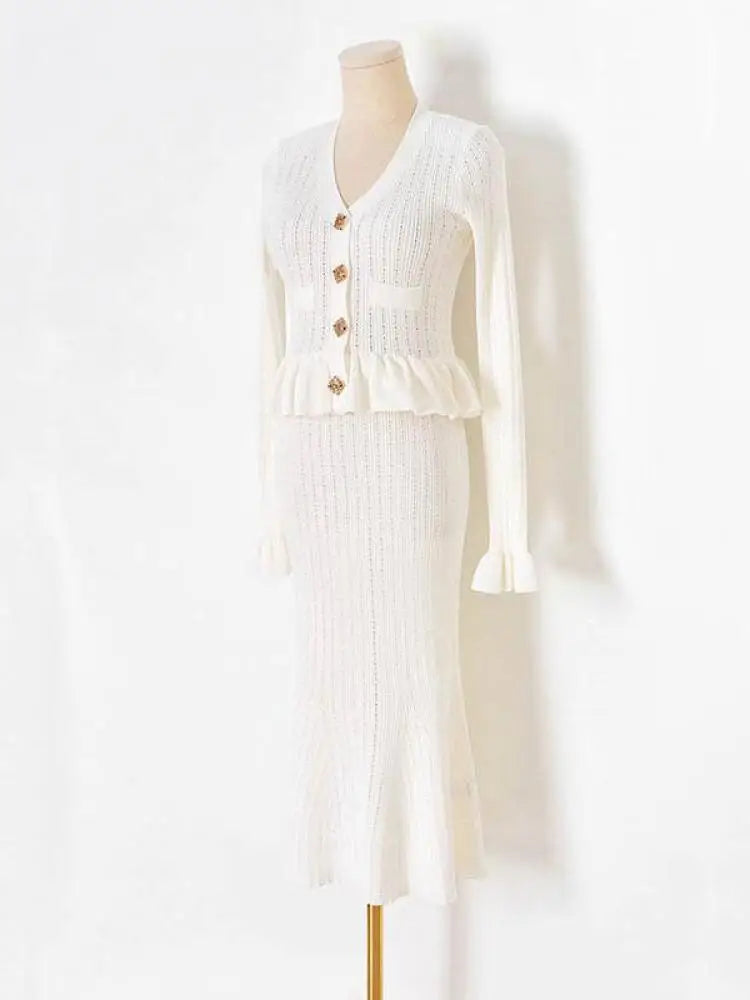 French Autumn 2024 New Women Black White Blue Single Breasted Knitted Dress Elegant Slim Office V-neck Ruffles Long Sleeve Dress