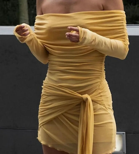 Sexy One Shoulder Mesh Double Layered Dress For Women Tight Elastic Pleated Short Skirt Female Vacation Party Clubwear