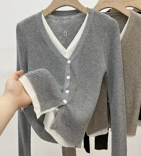 French Women Autumn Winter 2024 Elegant Single Breasted V-neck Patchwork Knitted Sweater Fashion Solid Cardigan Tops Popular New