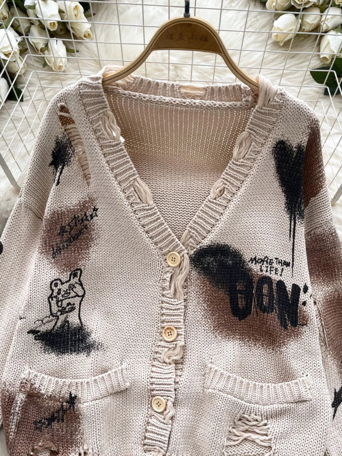 Autumn Winter Women Beige Graffiti Print Loose Long Sleeve Fashion Cardigan Knitted Sweaters Korean Casual Button Hole Tops Chic