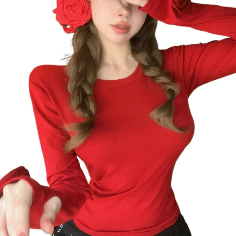 y2k Aesthetic Tops Women Clothes Solid Color Round Neck Long Sleeve T Shirt with 3D Flower 2000s Clothing Club Wear