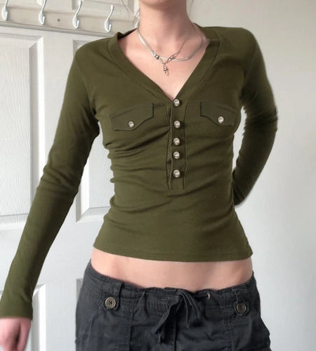 Mall Goth Top y2k Women Solid Color V Neck Upper Button Down Long Sleeve T Shirts with Fake Pockets 2000s Streetwear