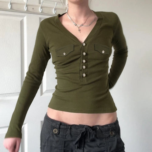 Load image into Gallery viewer, Mall Goth Top y2k Women Solid Color V Neck Upper Button Down Long Sleeve T Shirts with Fake Pockets 2000s Streetwear
