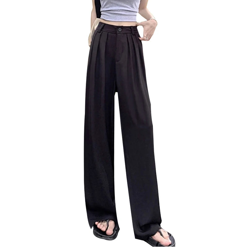 Fashion Solid Button Versatile Wide Leg Long Pant Women's Spring Summer High Waist Baggy straight Pleated Trousers Streetwear